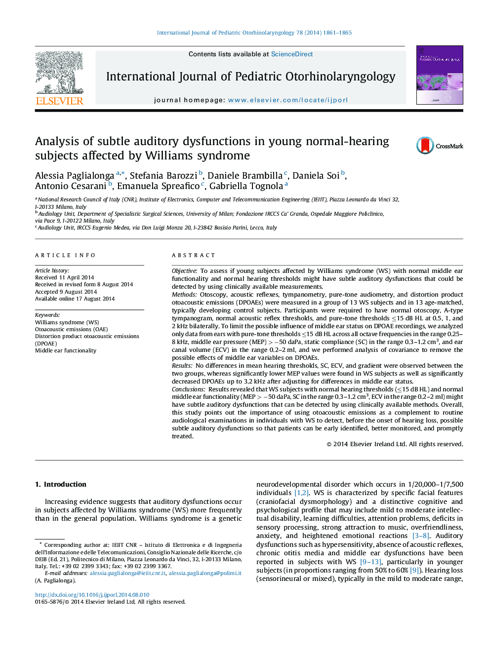 Analysis of subtle auditory dysfunctions in young normal-hearing subjects affected by Williams syndrome