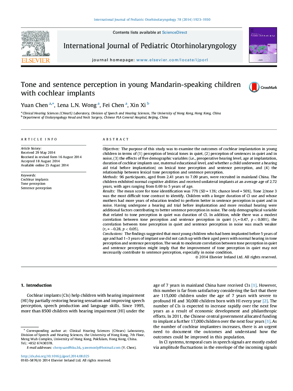 Tone and sentence perception in young Mandarin-speaking children with cochlear implants