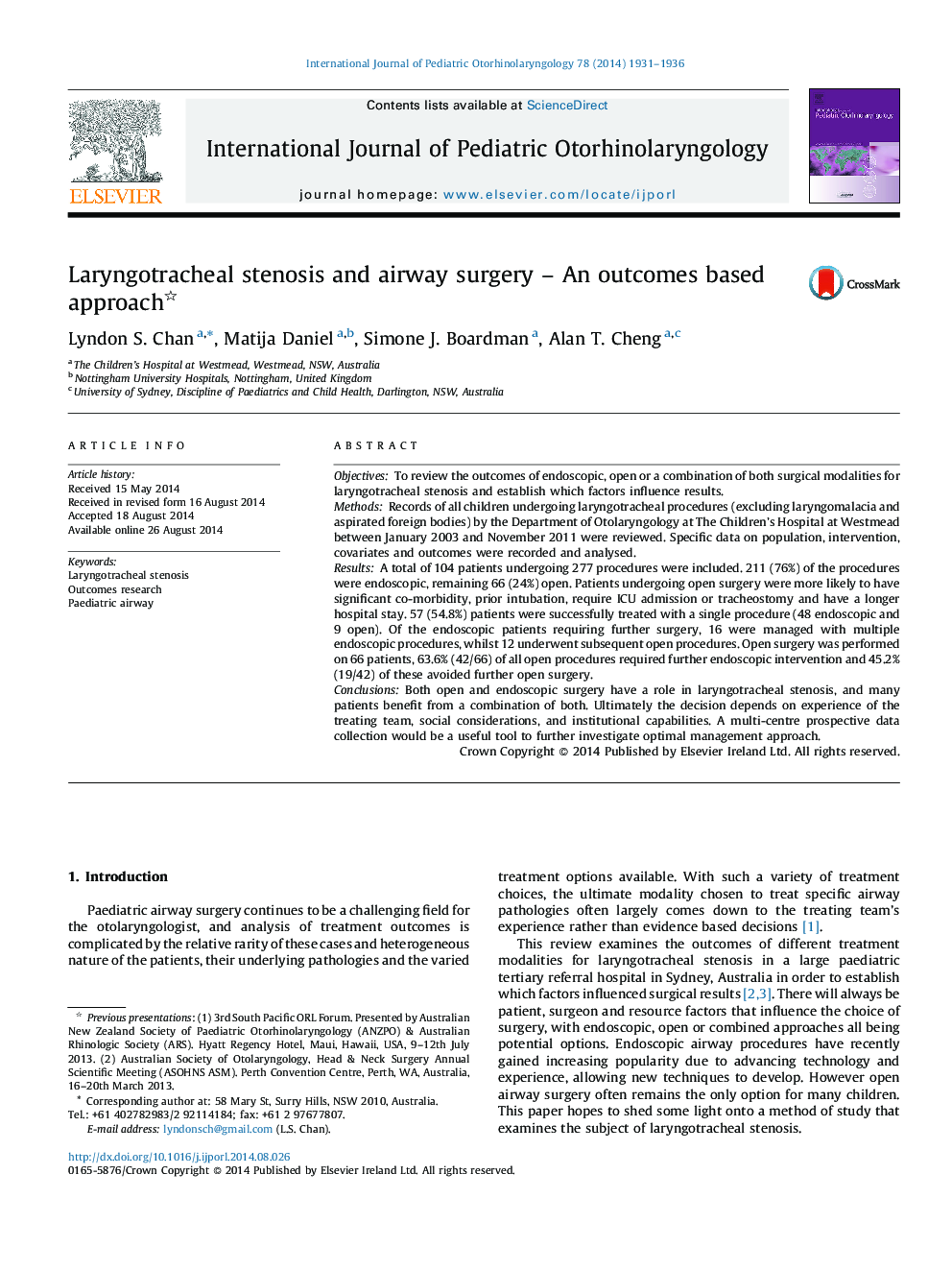 Laryngotracheal stenosis and airway surgery – An outcomes based approach 