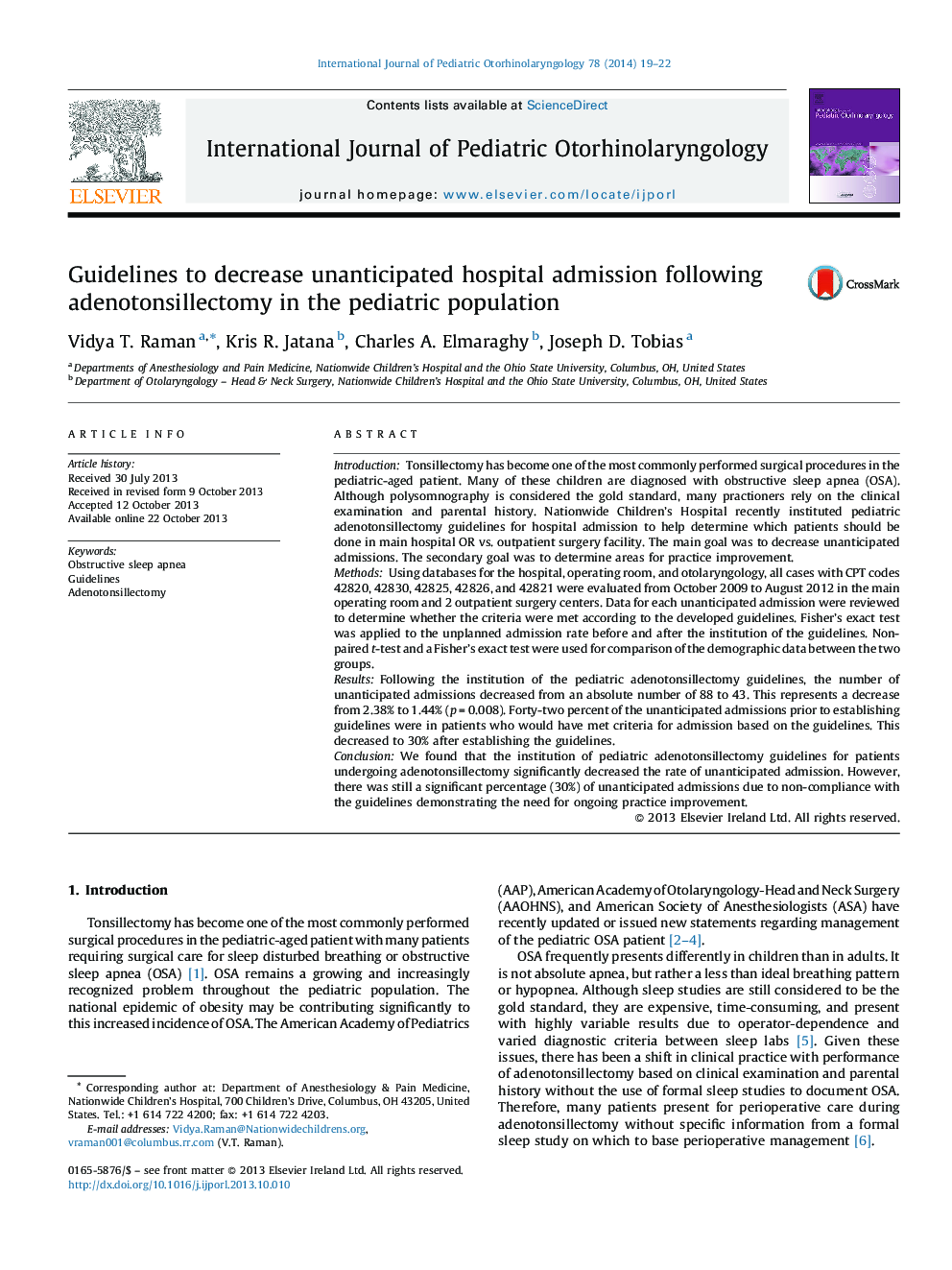 Guidelines to decrease unanticipated hospital admission following adenotonsillectomy in the pediatric population