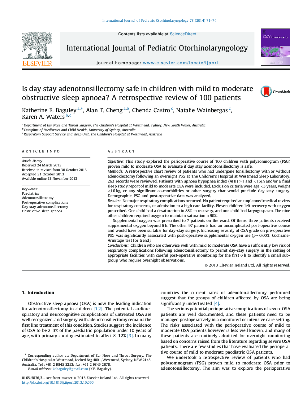 Is day stay adenotonsillectomy safe in children with mild to moderate obstructive sleep apnoea? A retrospective review of 100 patients