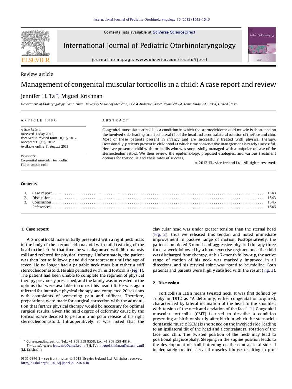 Management of congenital muscular torticollis in a child: A case report and review