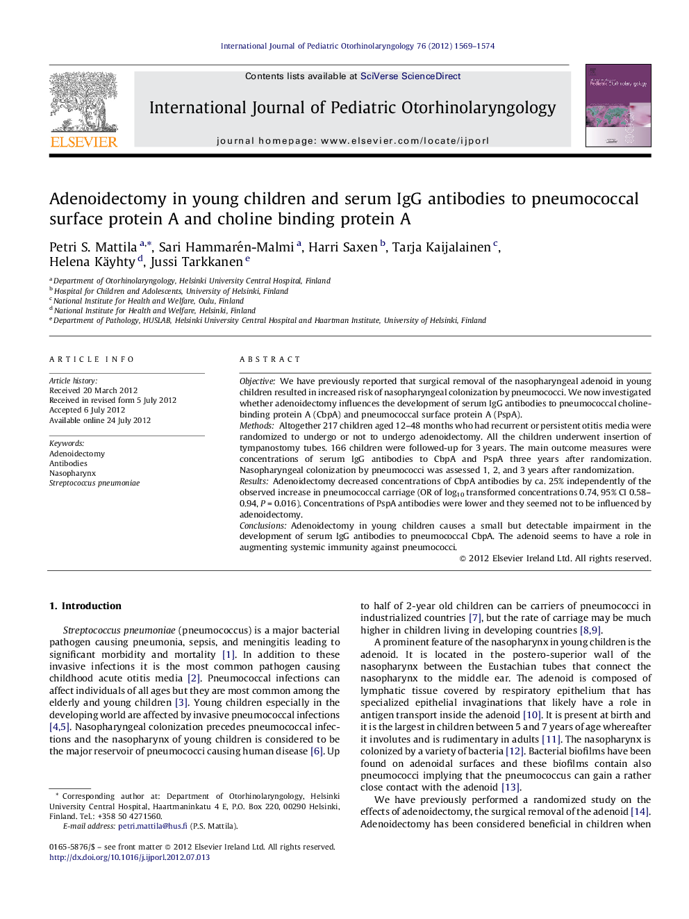 Adenoidectomy in young children and serum IgG antibodies to pneumococcal surface protein A and choline binding protein A