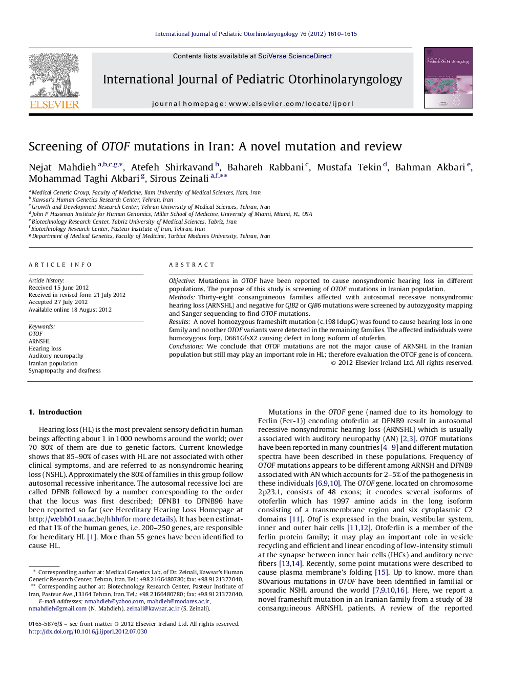 Screening of OTOF mutations in Iran: A novel mutation and review