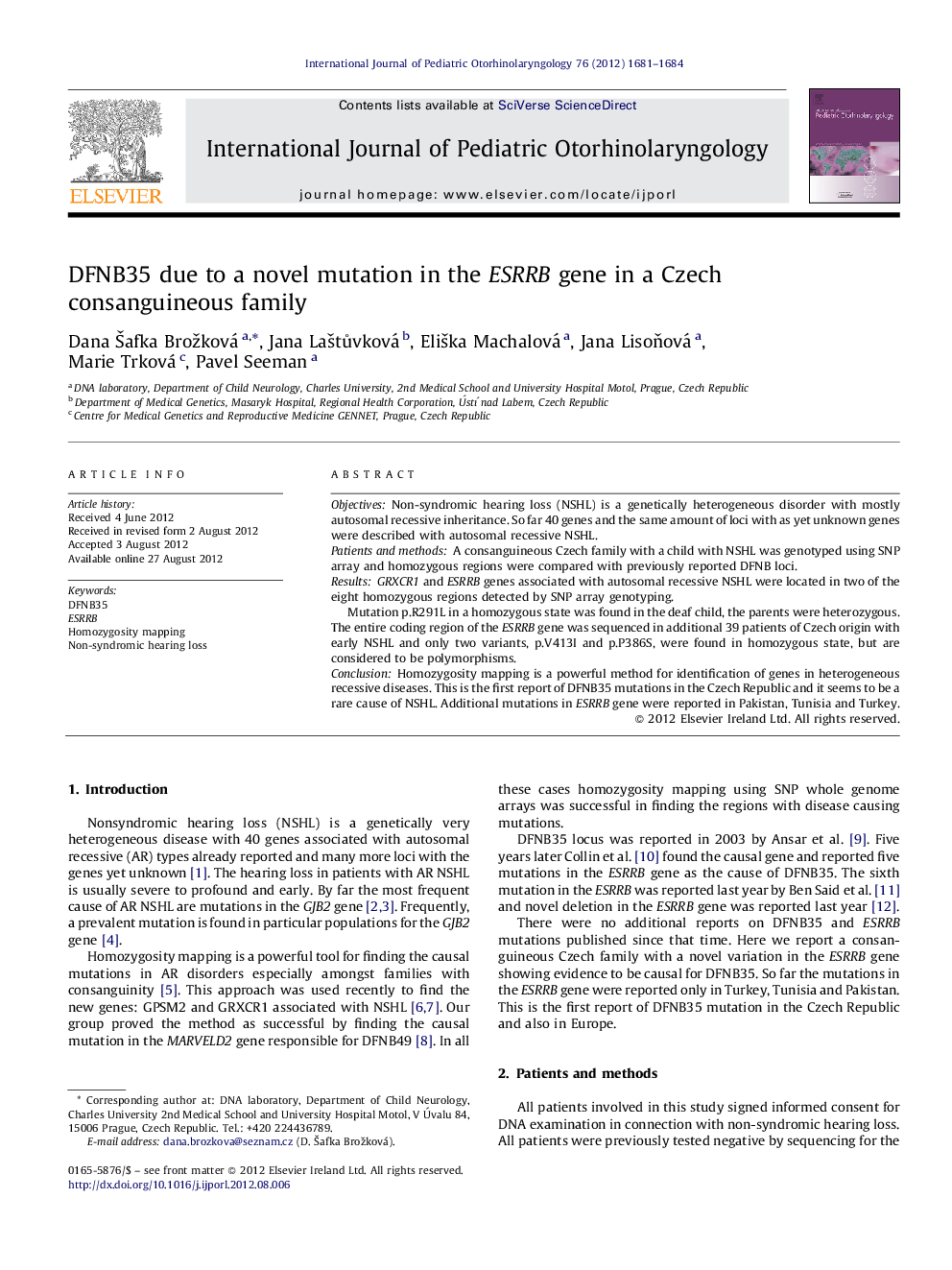 DFNB35 due to a novel mutation in the ESRRB gene in a Czech consanguineous family