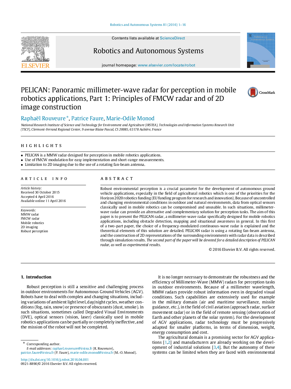 PELICAN: Panoramic millimeter-wave radar for perception in mobile robotics applications, Part 1: Principles of FMCW radar and of 2D image construction