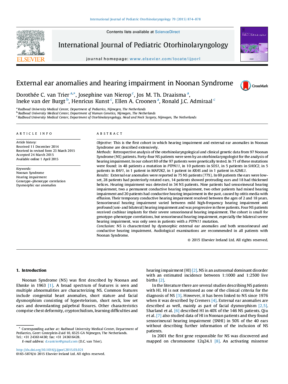 External ear anomalies and hearing impairment in Noonan Syndrome