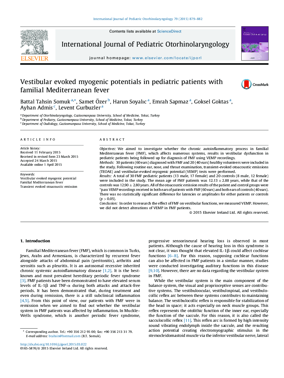 Vestibular evoked myogenic potentials in pediatric patients with familial Mediterranean fever