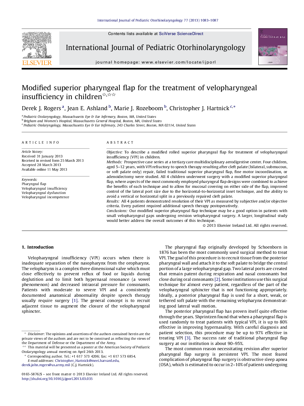 Modified superior pharyngeal flap for the treatment of velopharyngeal insufficiency in children 