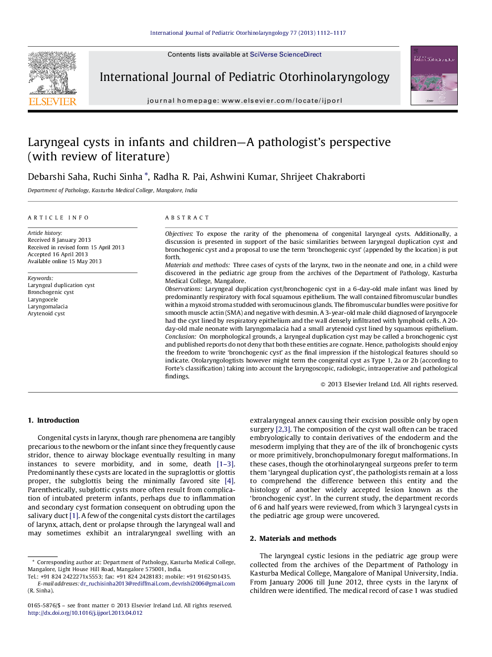 Laryngeal cysts in infants and children—A pathologist's perspective (with review of literature)