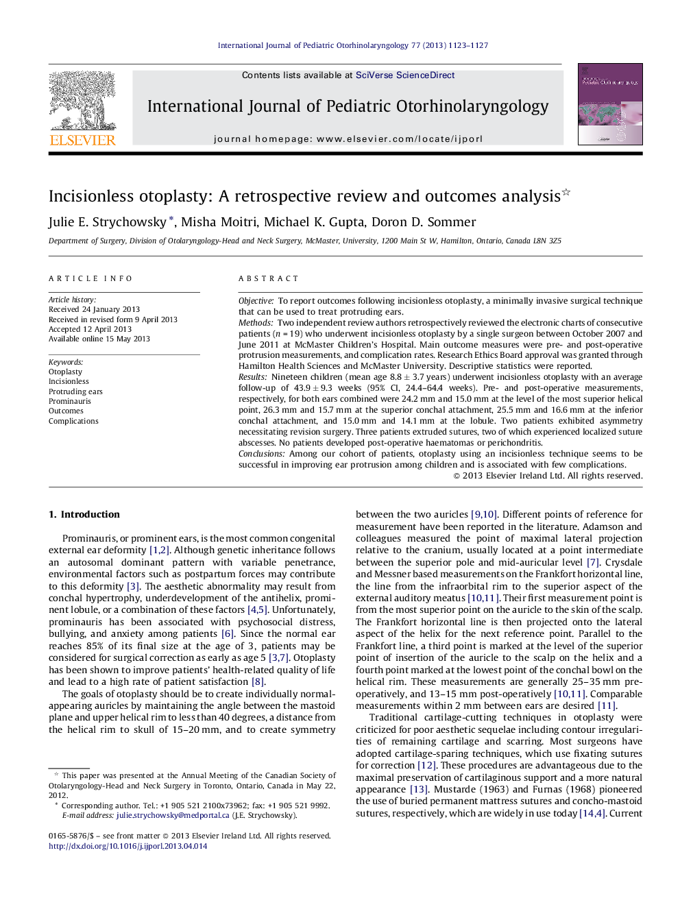 Incisionless otoplasty: A retrospective review and outcomes analysis 