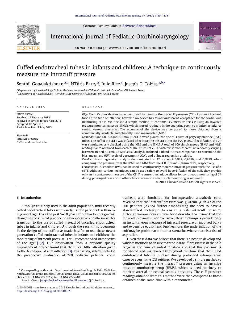 Cuffed endotracheal tubes in infants and children: A technique to continuously measure the intracuff pressure