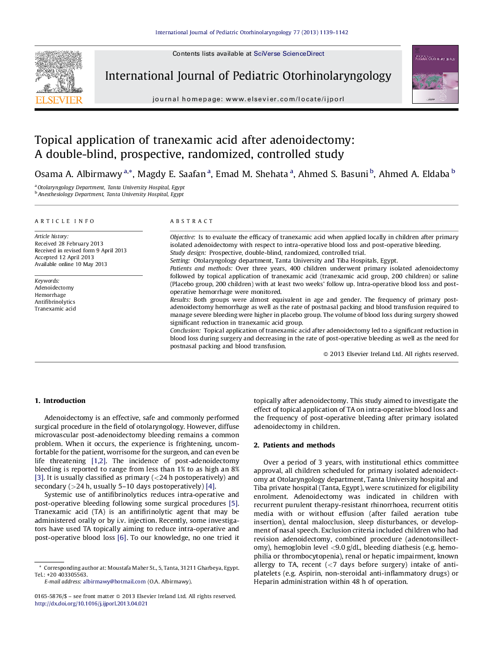 Topical application of tranexamic acid after adenoidectomy: A double-blind, prospective, randomized, controlled study