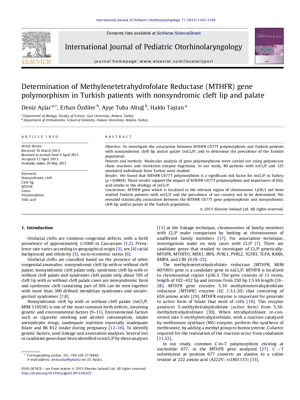 Determination of Methylenetetrahydrofolate Reductase (MTHFR) gene polymorphism in Turkish patients with nonsyndromic cleft lip and palate