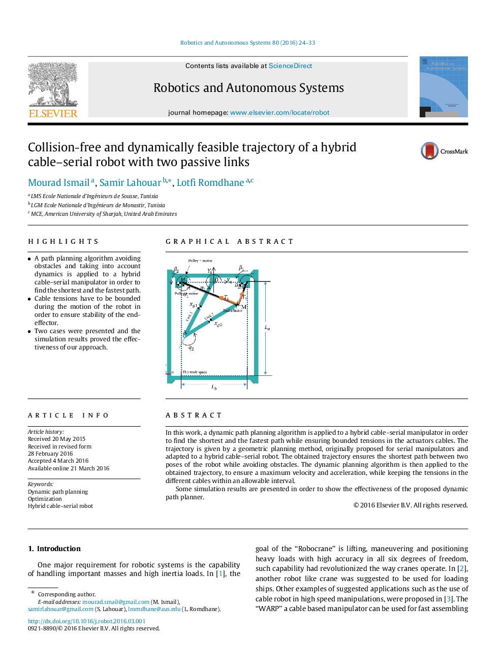 Collision-free and dynamically feasible trajectory of a hybrid cable–serial robot with two passive links