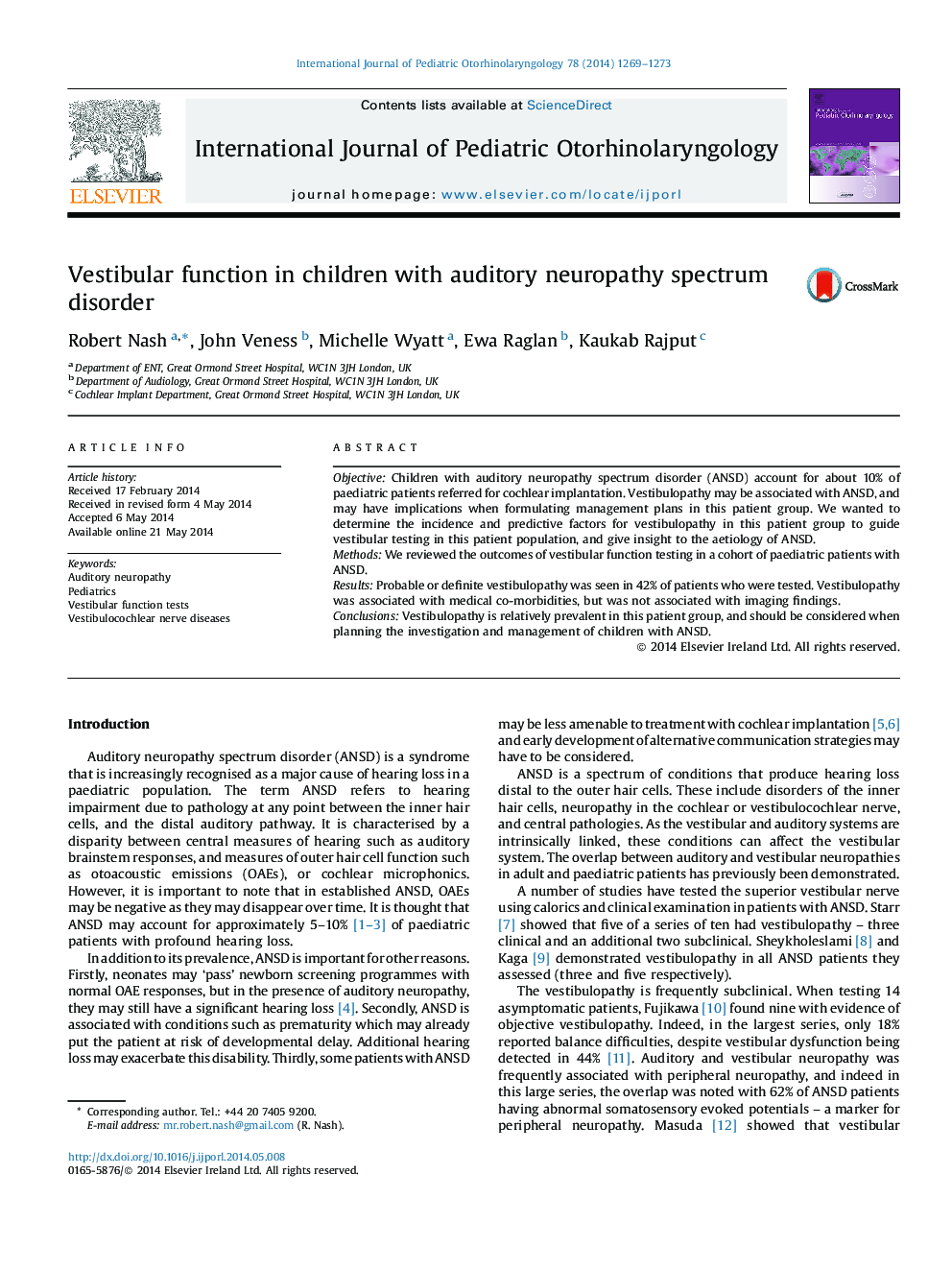 Vestibular function in children with auditory neuropathy spectrum disorder