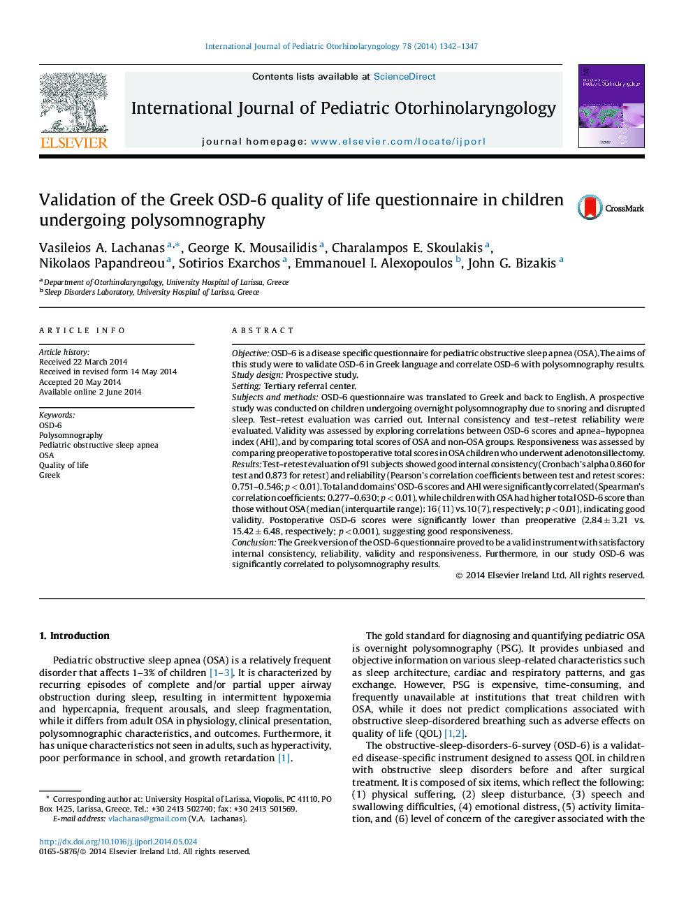 Validation of the Greek OSD-6 quality of life questionnaire in children undergoing polysomnography