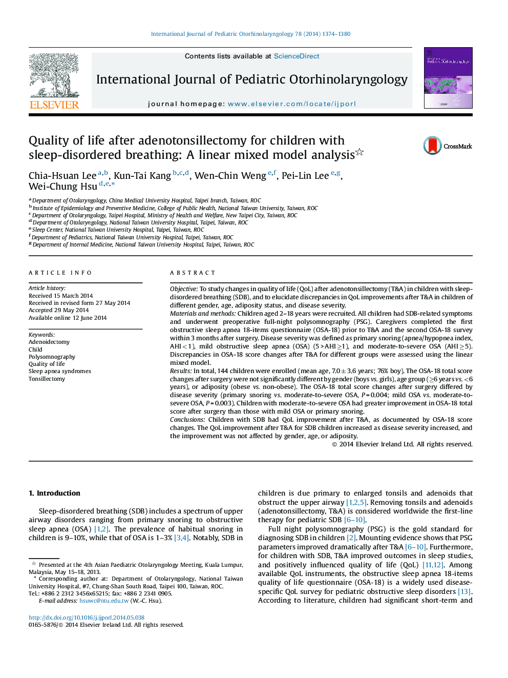 Quality of life after adenotonsillectomy for children with sleep-disordered breathing: A linear mixed model analysis 