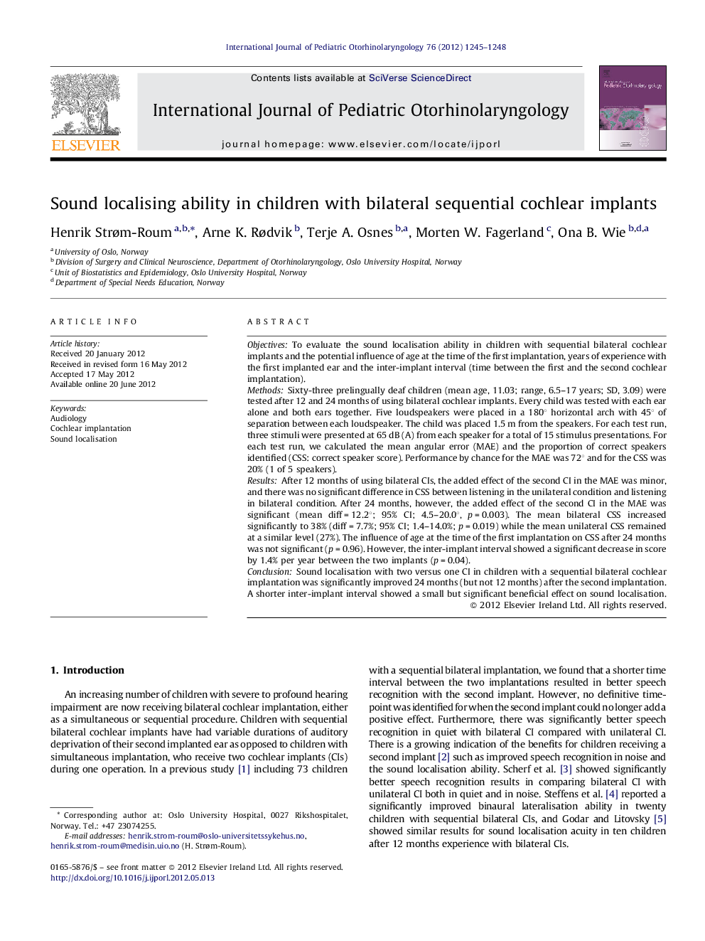 Sound localising ability in children with bilateral sequential cochlear implants