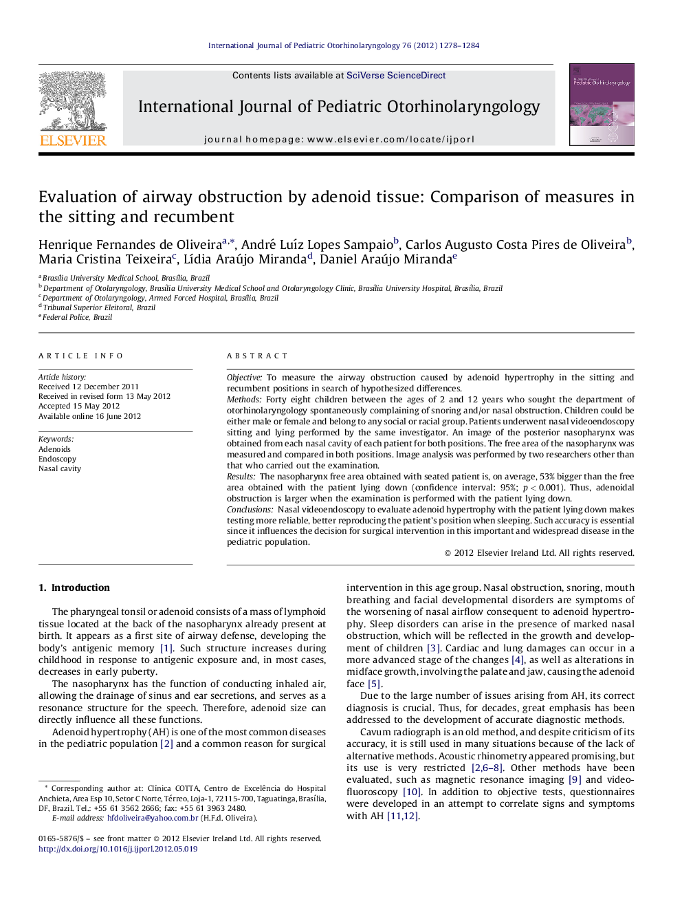 Evaluation of airway obstruction by adenoid tissue: Comparison of measures in the sitting and recumbent