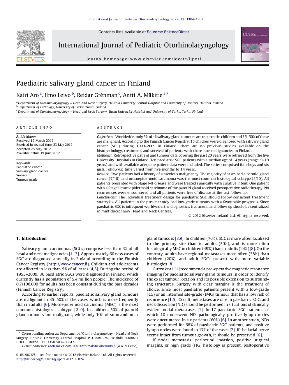 عکس صفحه اول مقاله: Paediatric salivary gland cancer in Finland Paediatric salivary gland cancer in Finland