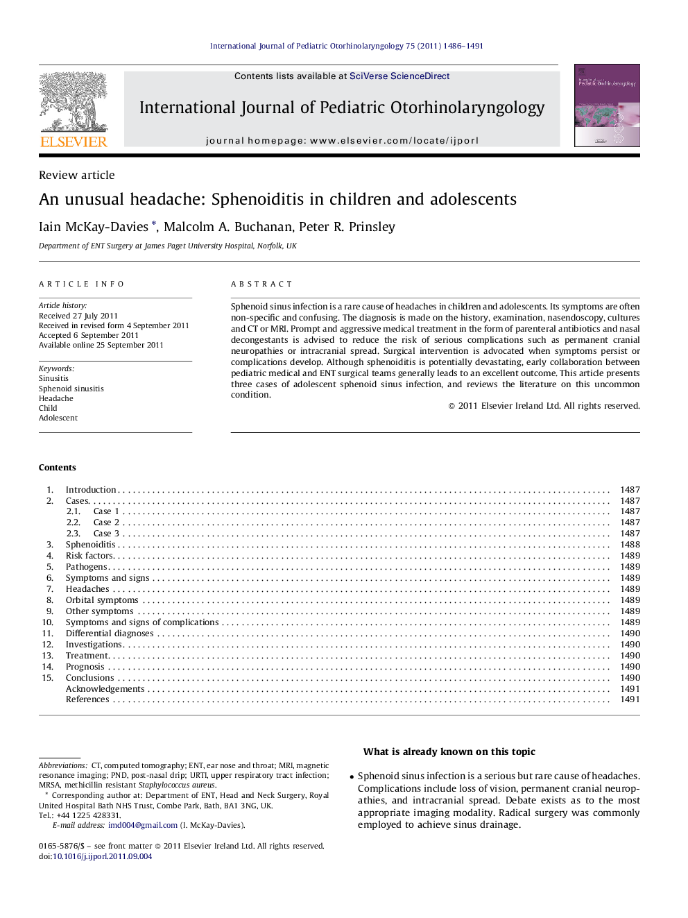 An unusual headache: Sphenoiditis in children and adolescents