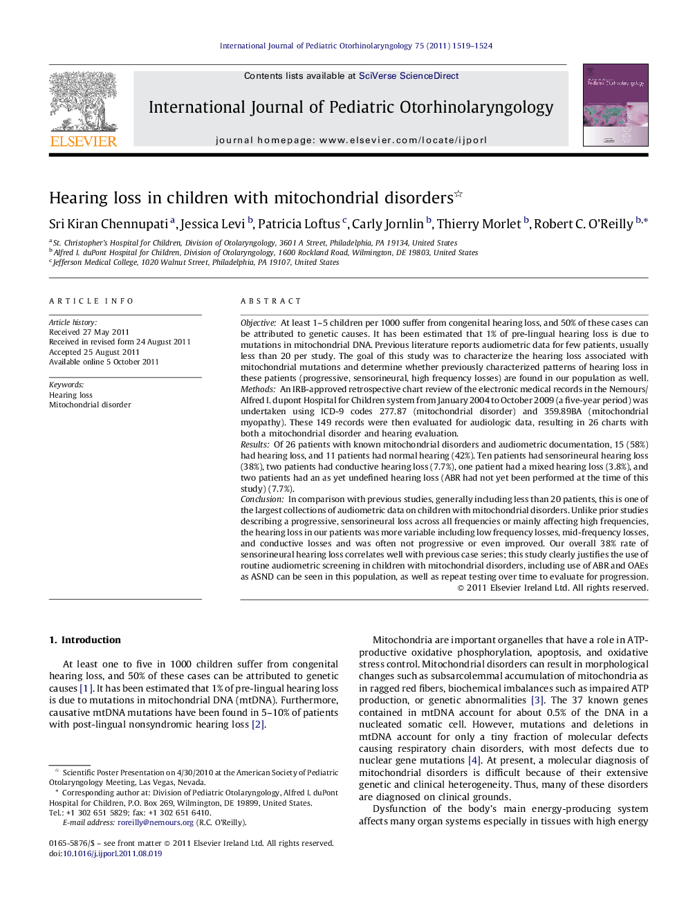 Hearing loss in children with mitochondrial disorders 