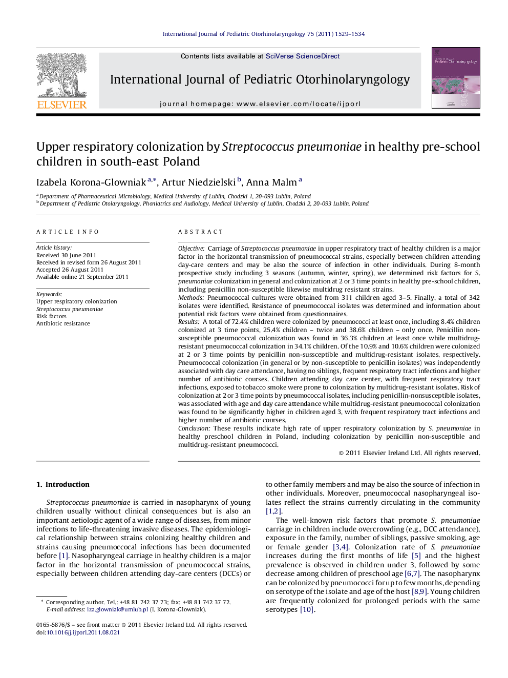 Upper respiratory colonization by Streptococcus pneumoniae in healthy pre-school children in south-east Poland