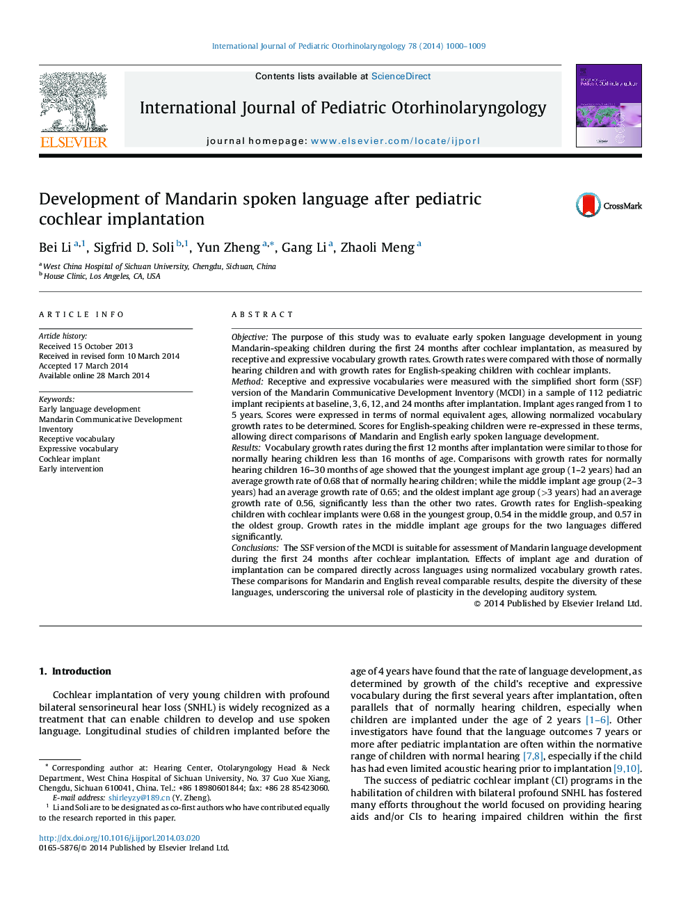 Development of Mandarin spoken language after pediatric cochlear implantation