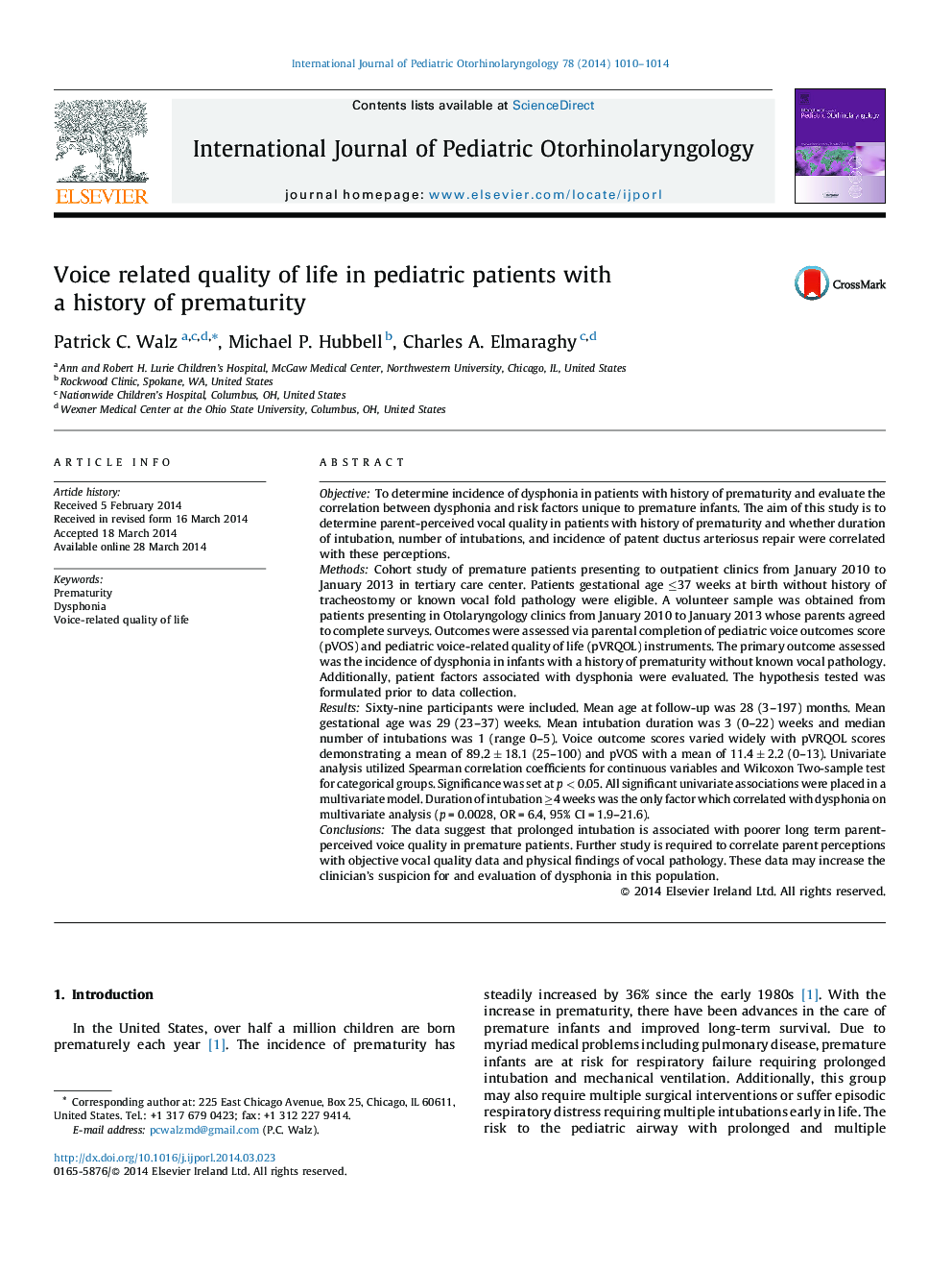 Voice related quality of life in pediatric patients with a history of prematurity