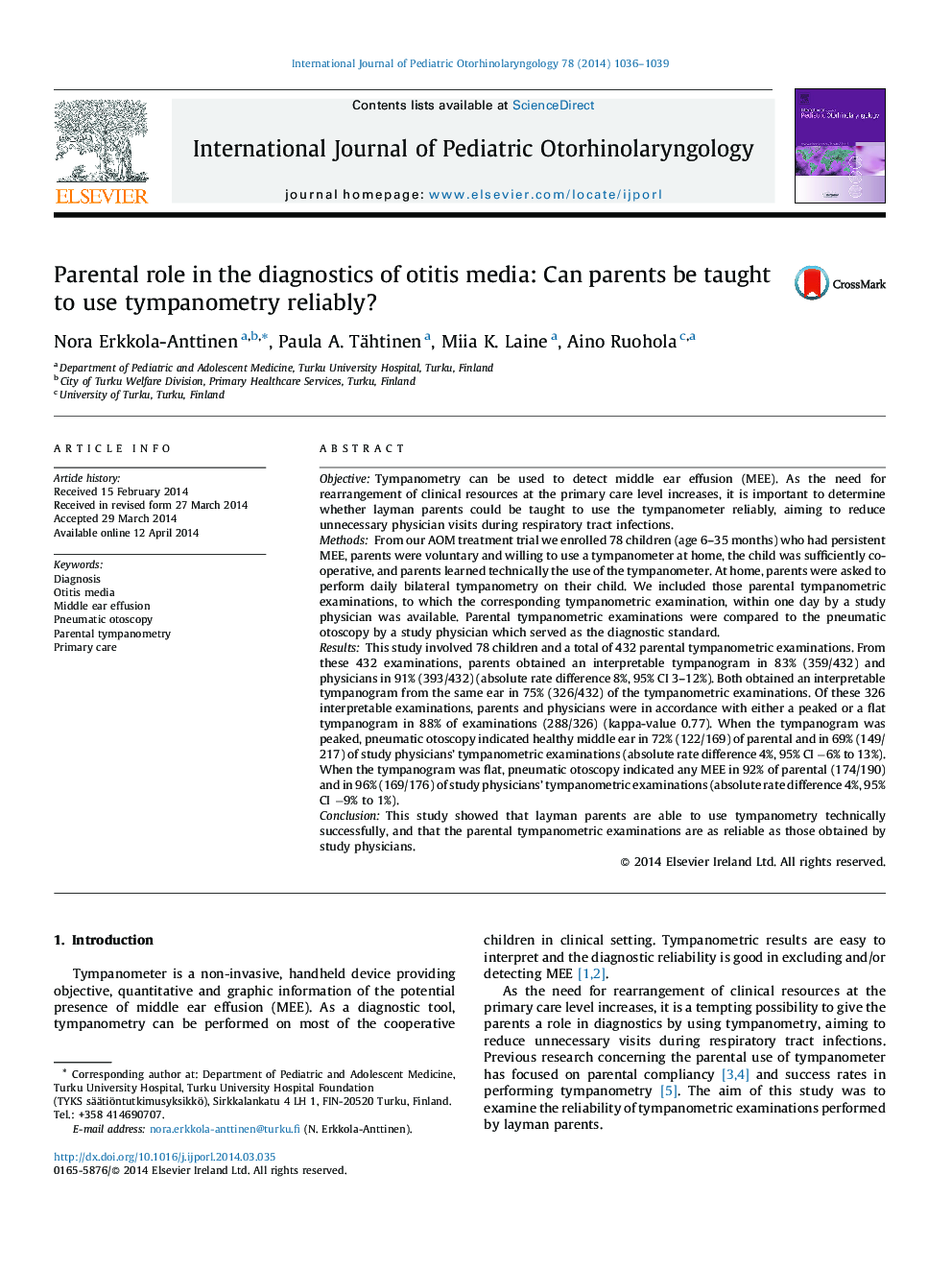 Parental role in the diagnostics of otitis media: Can parents be taught to use tympanometry reliably?