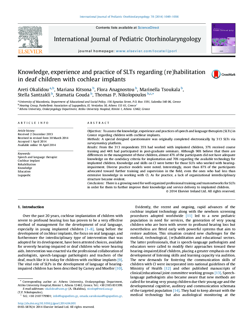 Knowledge, experience and practice of SLTs regarding (re)habilitation in deaf children with cochlear implants