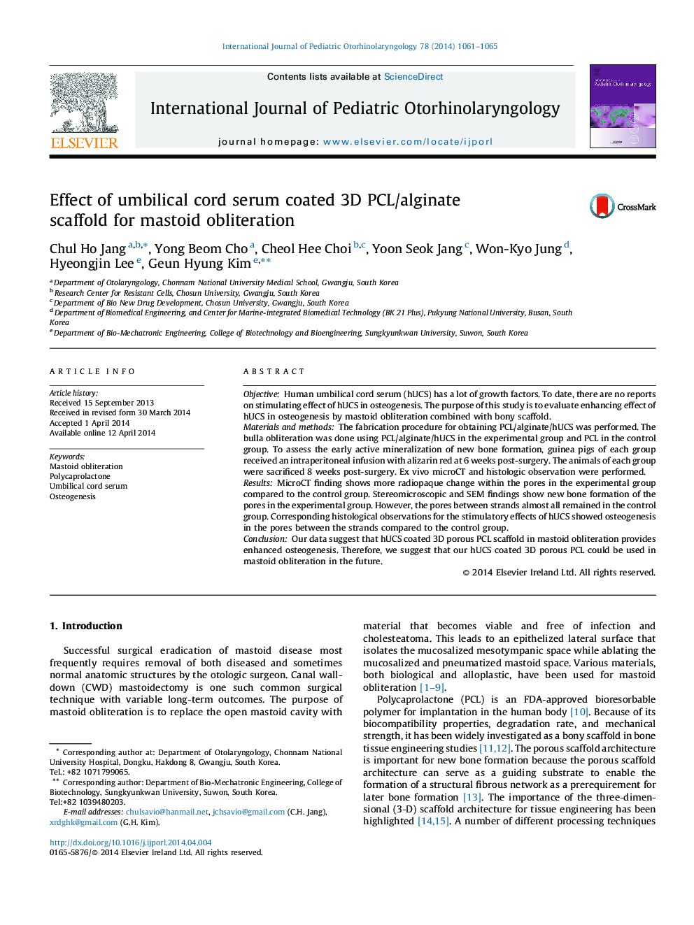 Effect of umbilical cord serum coated 3D PCL/alginate scaffold for mastoid obliteration