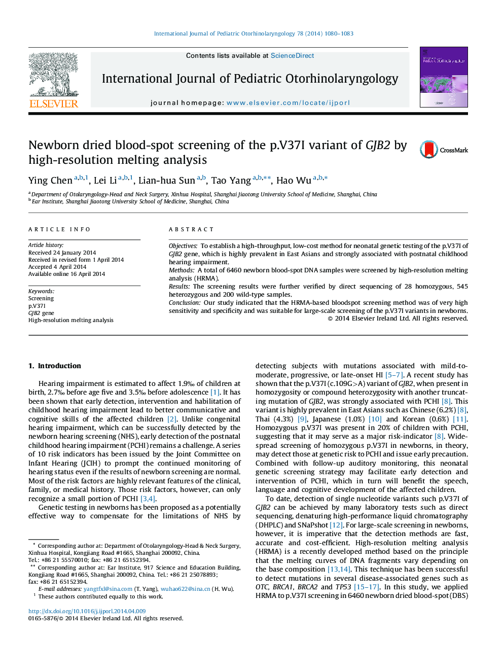 Newborn dried blood-spot screening of the p.V37I variant of GJB2 by high-resolution melting analysis