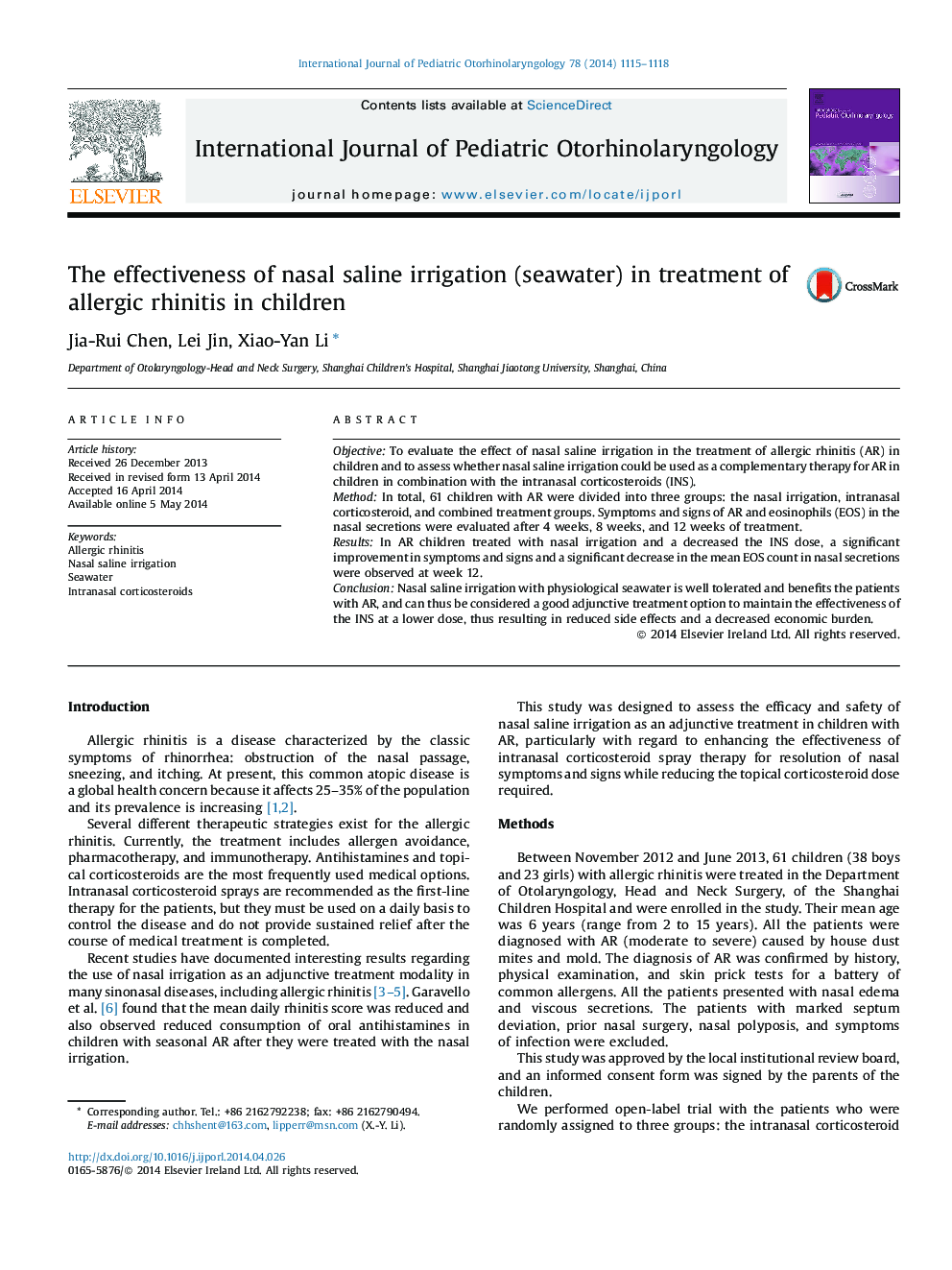 The effectiveness of nasal saline irrigation (seawater) in treatment of allergic rhinitis in children