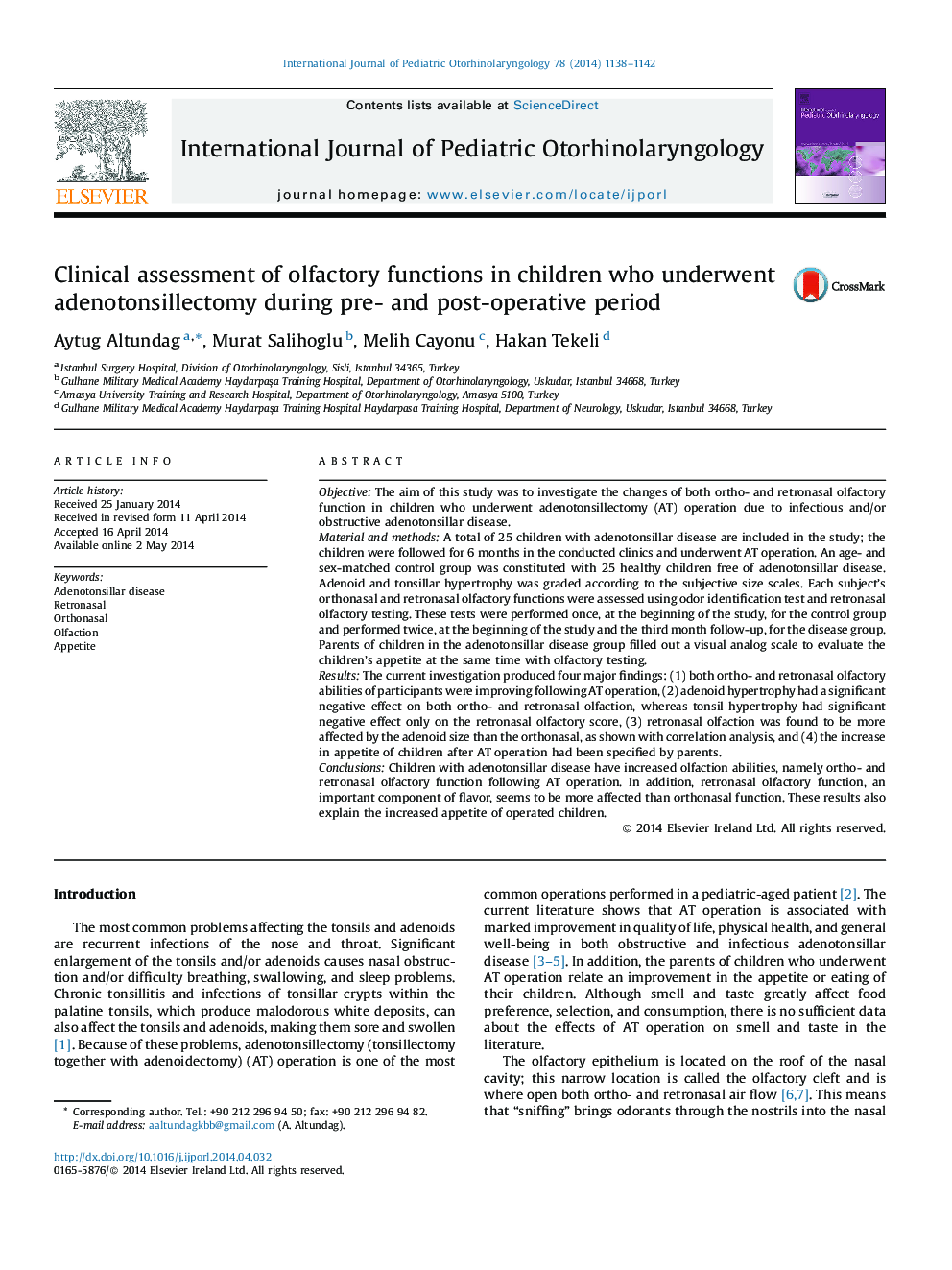 Clinical assessment of olfactory functions in children who underwent adenotonsillectomy during pre- and post-operative period