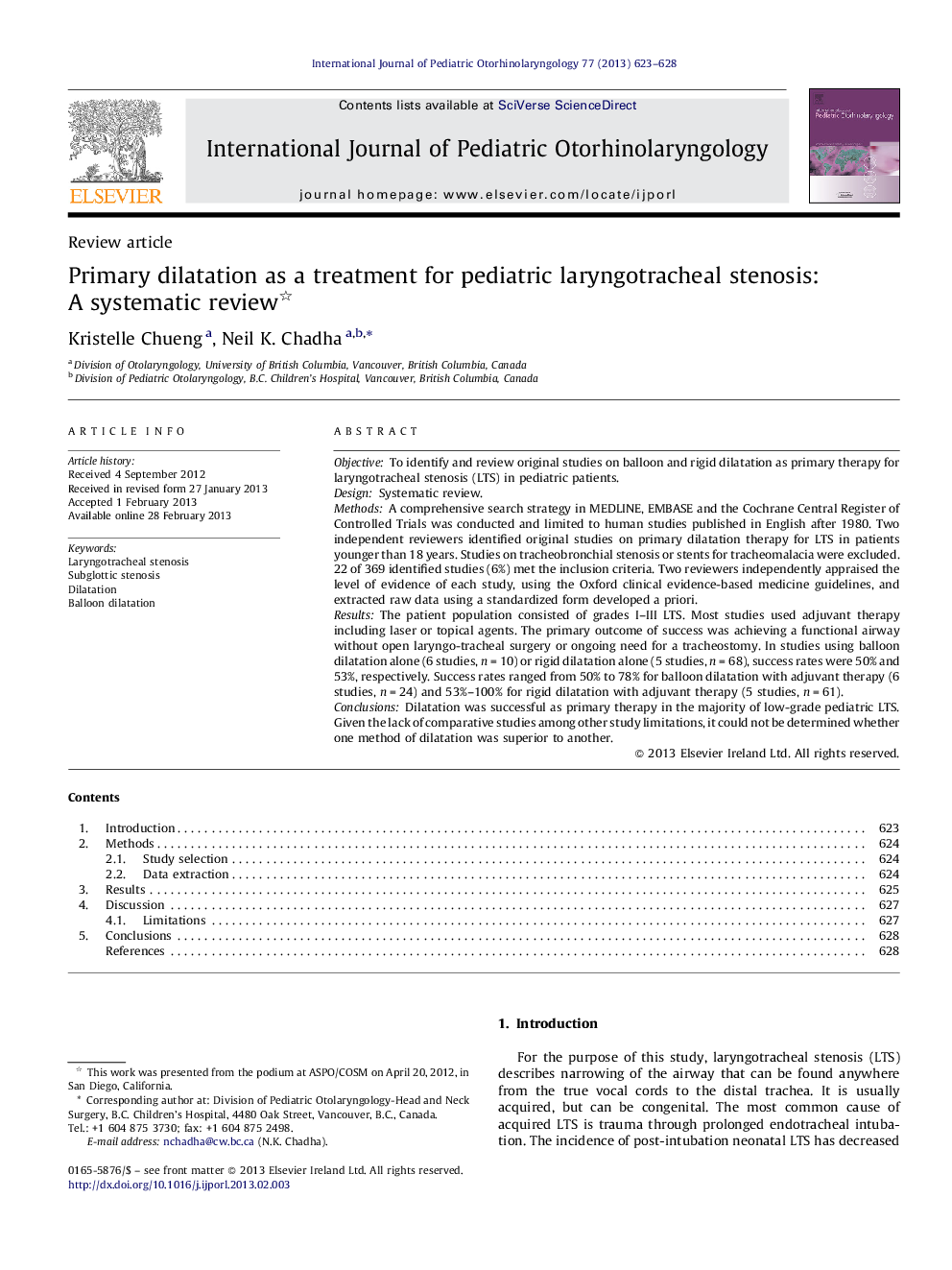 Primary dilatation as a treatment for pediatric laryngotracheal stenosis: A systematic review 