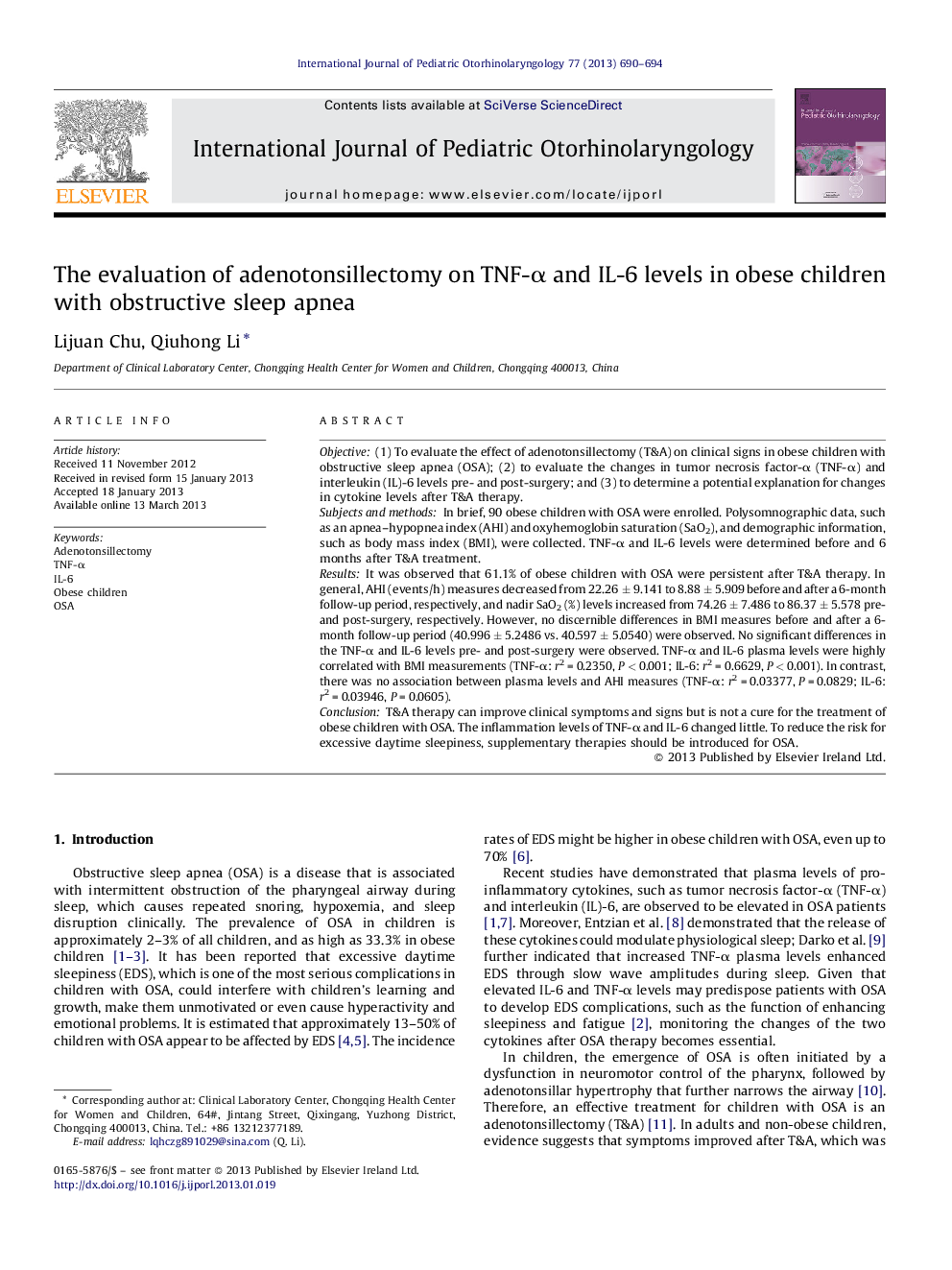 The evaluation of adenotonsillectomy on TNF-α and IL-6 levels in obese children with obstructive sleep apnea