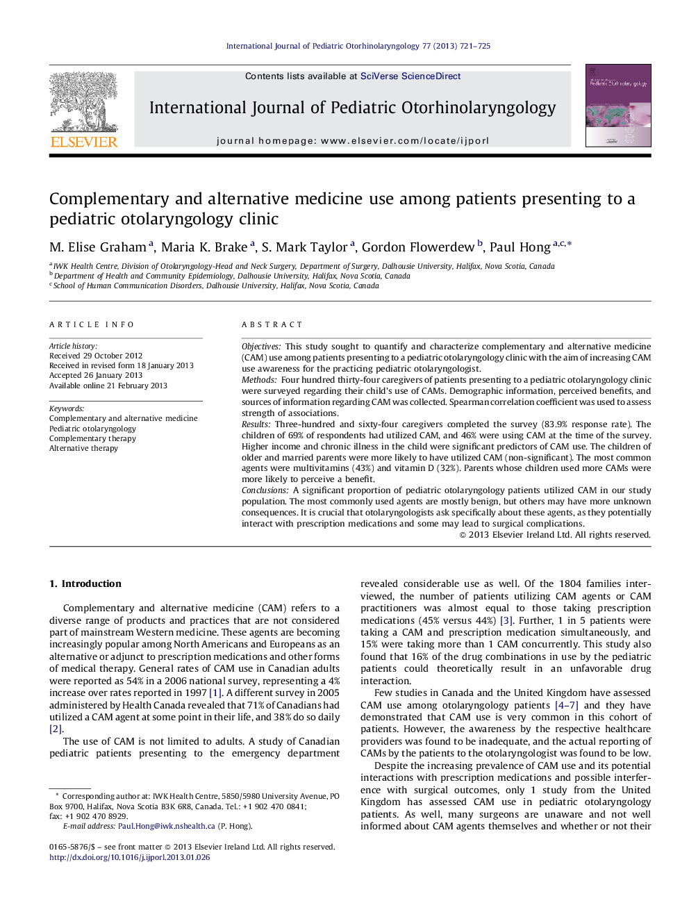 Complementary and alternative medicine use among patients presenting to a pediatric otolaryngology clinic