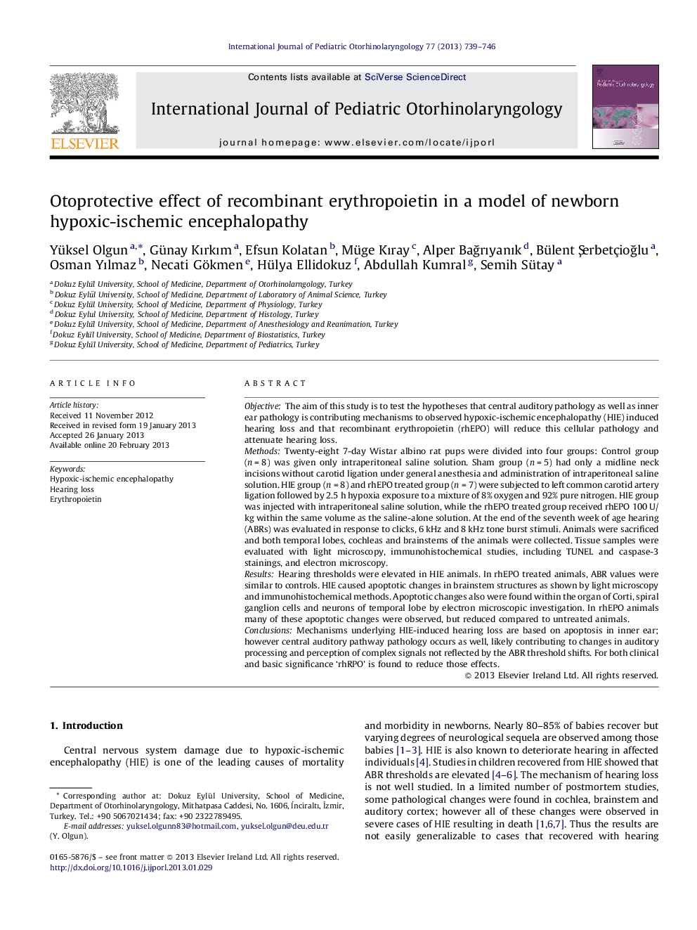 Otoprotective effect of recombinant erythropoietin in a model of newborn hypoxic-ischemic encephalopathy