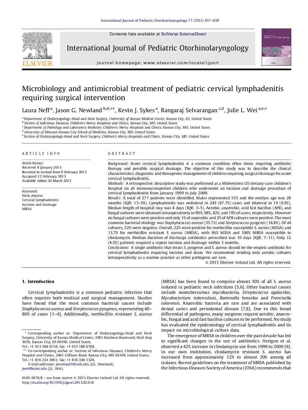 Microbiology and antimicrobial treatment of pediatric cervical lymphadenitis requiring surgical intervention