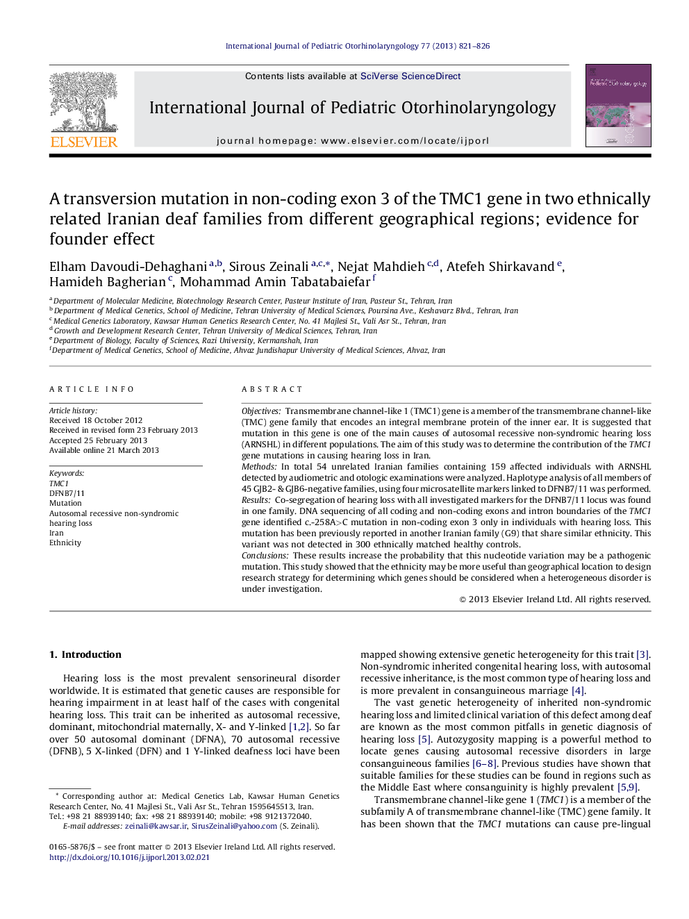 A transversion mutation in non-coding exon 3 of the TMC1 gene in two ethnically related Iranian deaf families from different geographical regions; evidence for founder effect