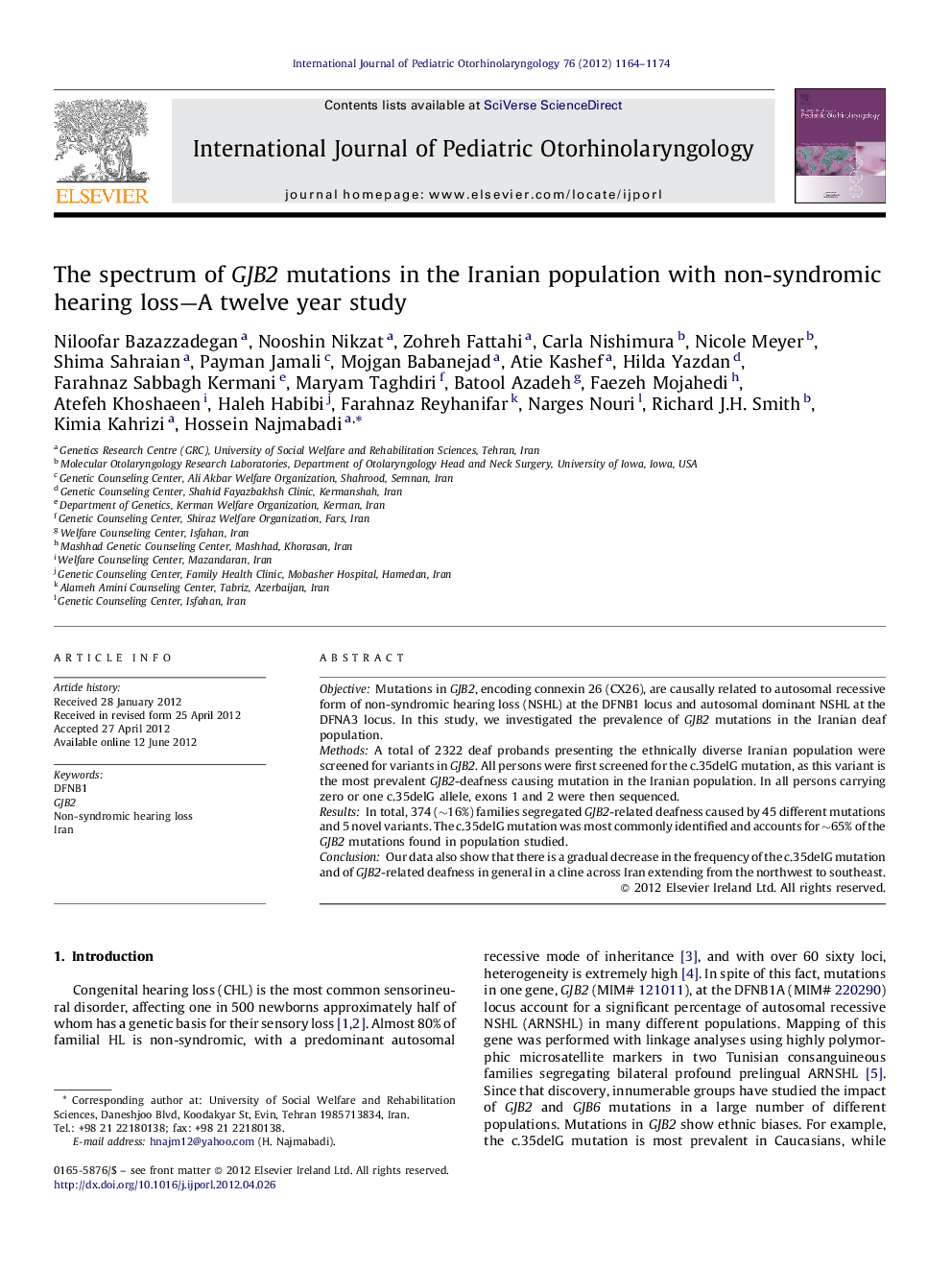 The spectrum of GJB2 mutations in the Iranian population with non-syndromic hearing loss—A twelve year study