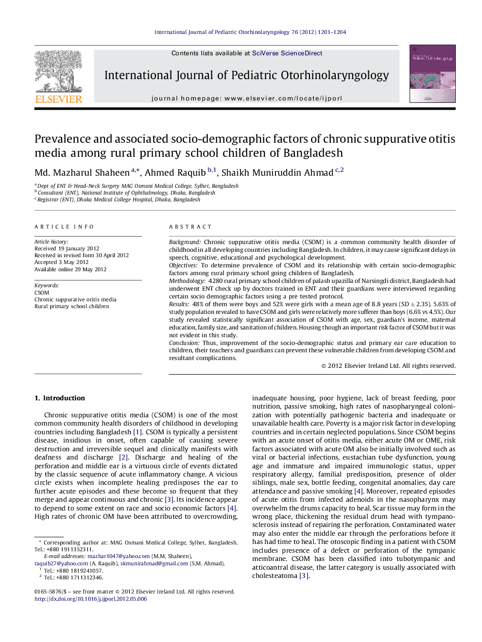 Prevalence and associated socio-demographic factors of chronic suppurative otitis media among rural primary school children of Bangladesh