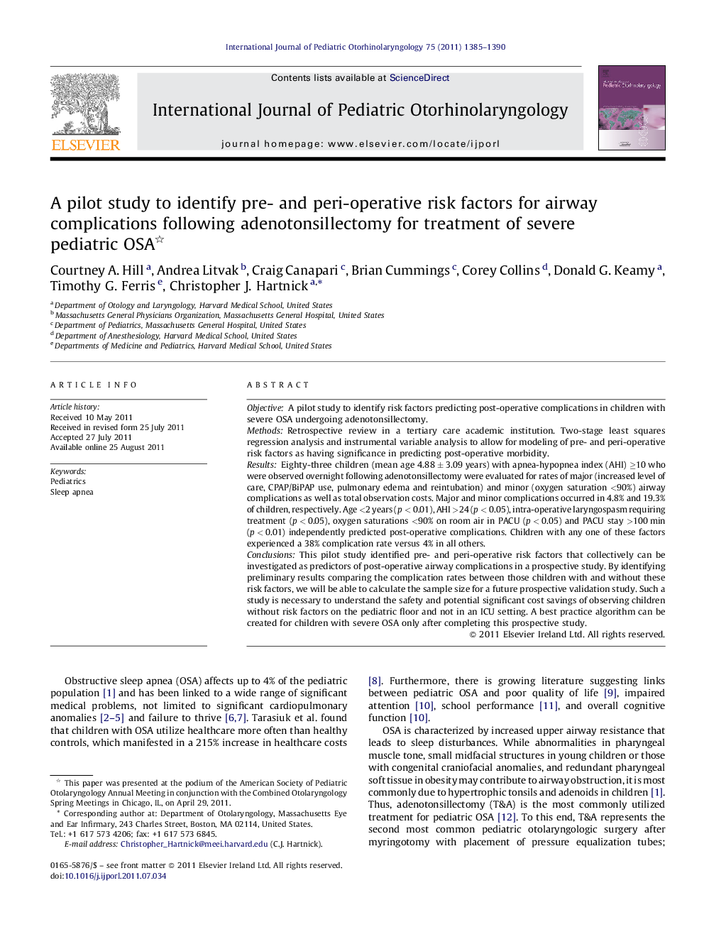 A pilot study to identify pre- and peri-operative risk factors for airway complications following adenotonsillectomy for treatment of severe pediatric OSA 