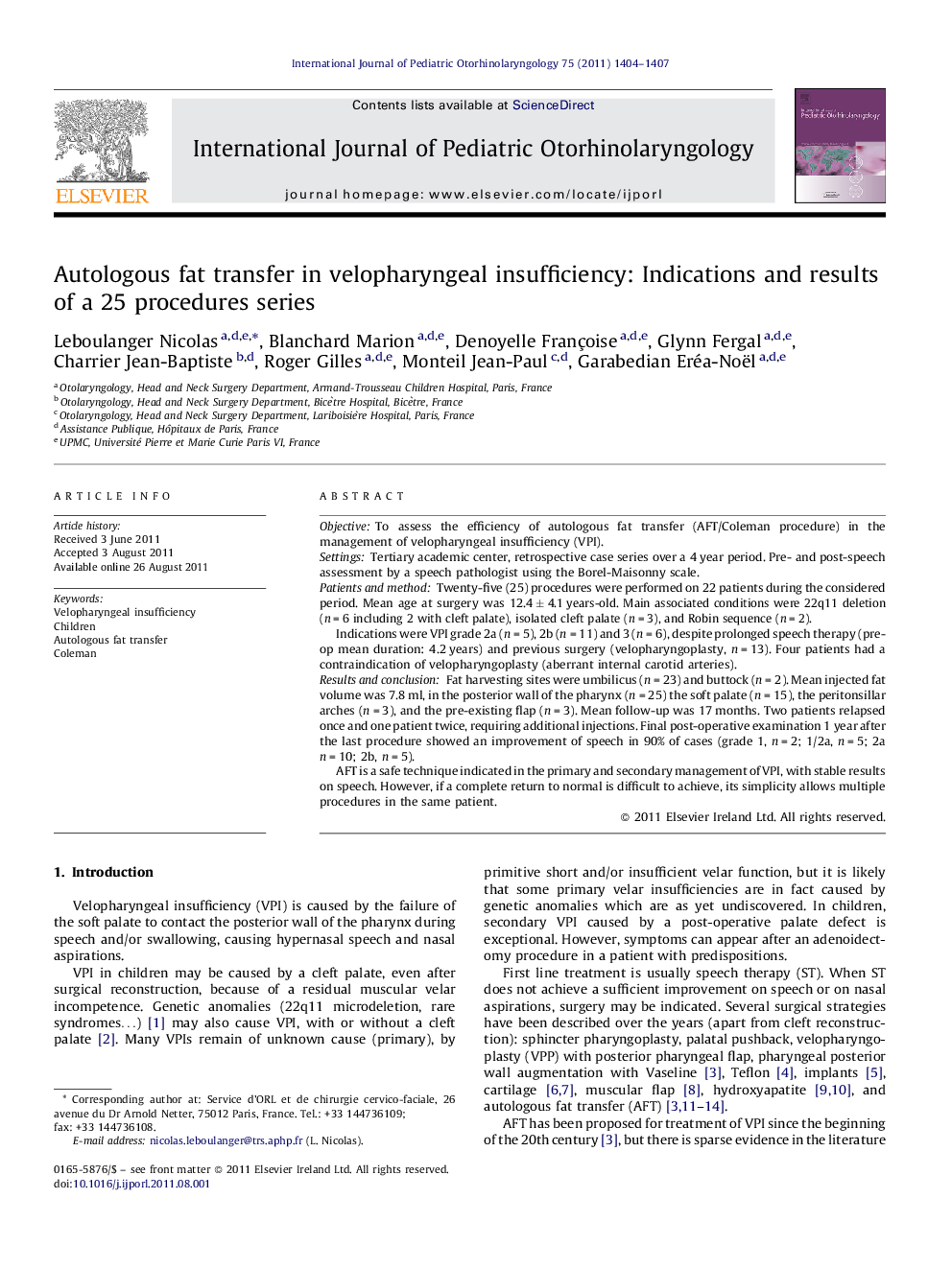 Autologous fat transfer in velopharyngeal insufficiency: Indications and results of a 25 procedures series