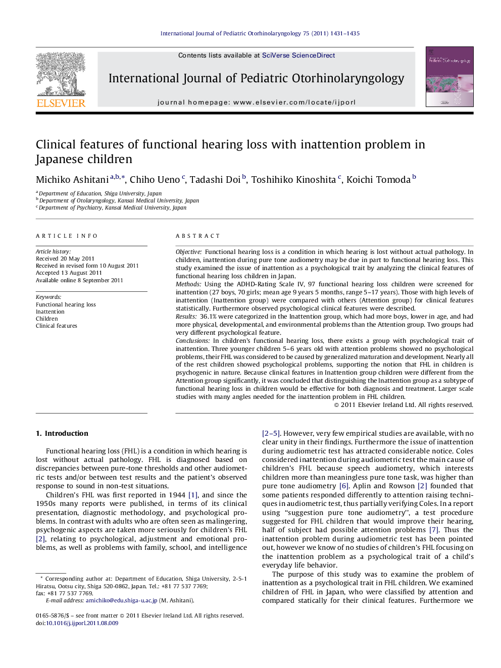 Clinical features of functional hearing loss with inattention problem in Japanese children