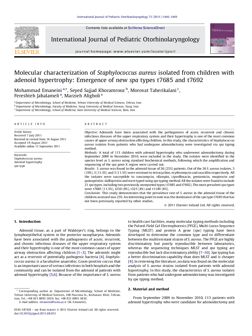 Molecular characterization of Staphylococcus aureus isolated from children with adenoid hypertrophy: Emergence of new spa types t7685 and t7692