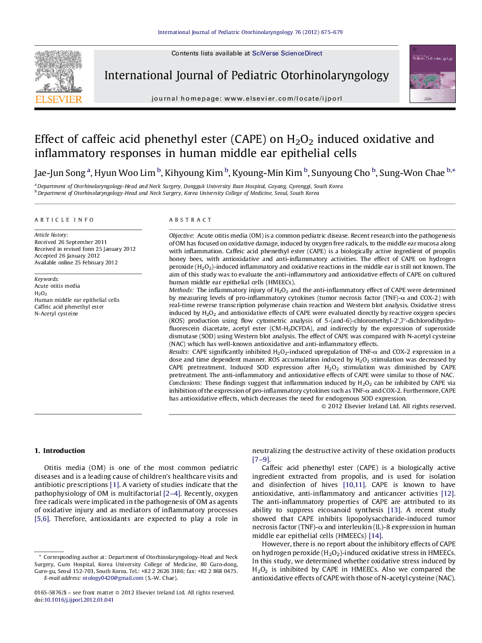 Effect of caffeic acid phenethyl ester (CAPE) on H2O2 induced oxidative and inflammatory responses in human middle ear epithelial cells