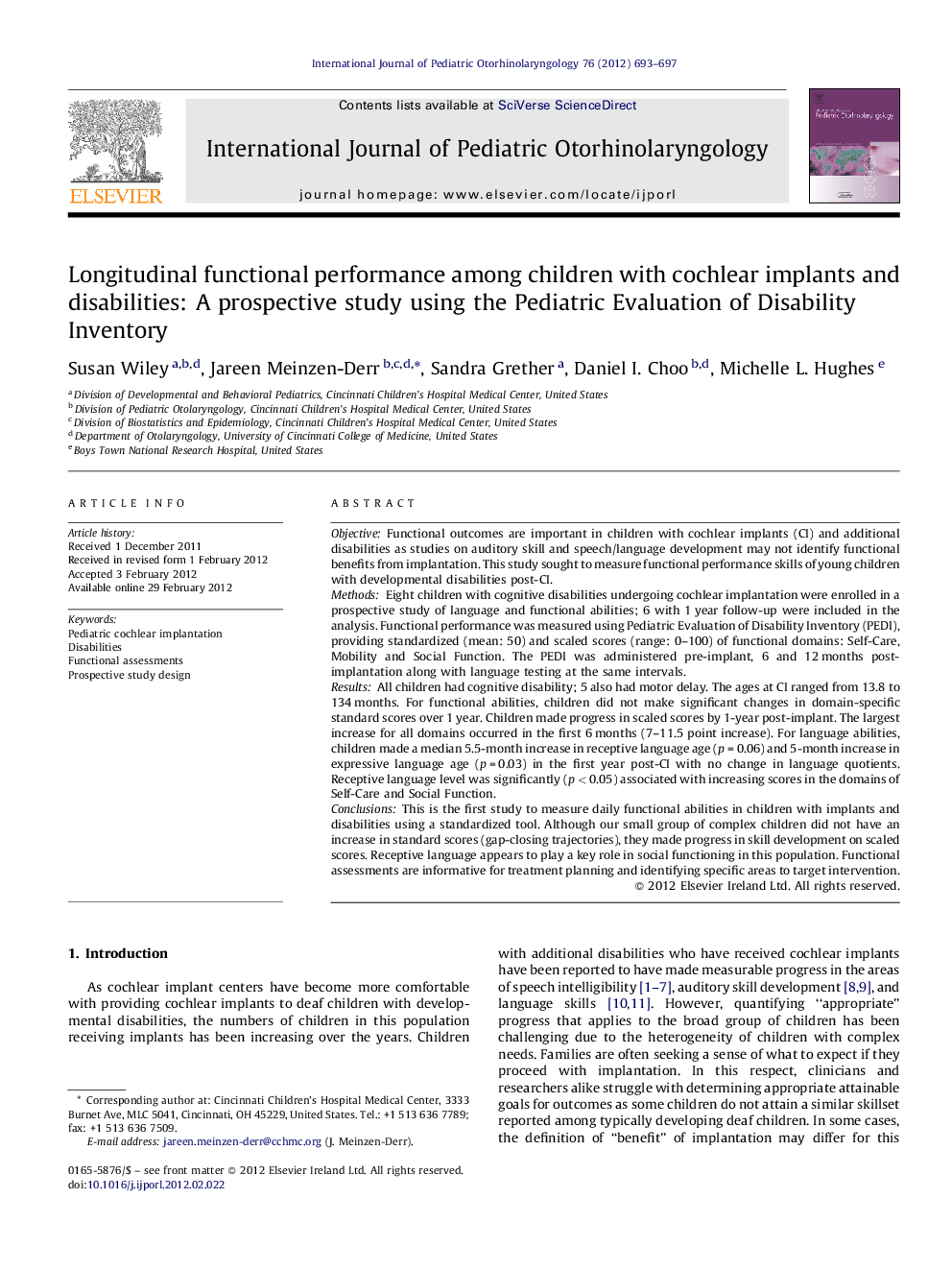 Longitudinal functional performance among children with cochlear implants and disabilities: A prospective study using the Pediatric Evaluation of Disability Inventory